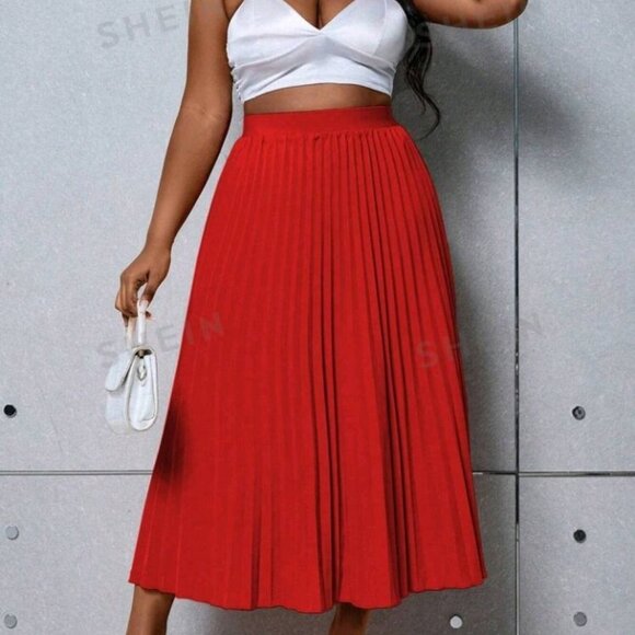 SHEIN Prive` Plus Size Solid Color Elastic Waist Pleated Midi Skirt - Picture 5 of 8